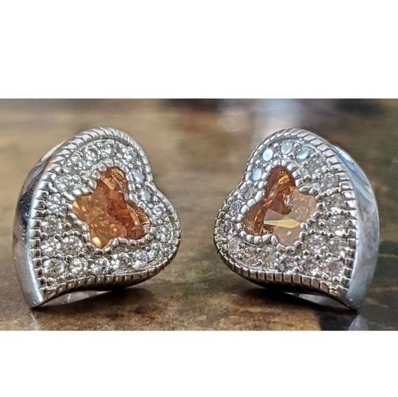 Genuine 6ct Papadaschra &White Sapphire Heart Earrings